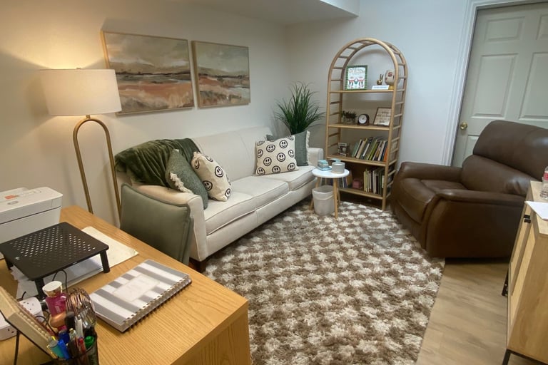 Warm, inviting therapy space at Lotus Rose Counseling